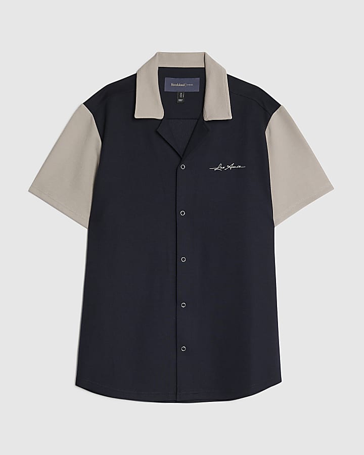 river island Navy Muscle Fit Colour Block Shirt