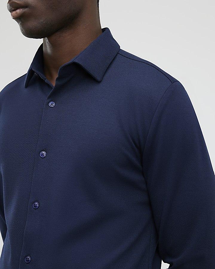 River Island Navy Muscle Fit Pique Shirt