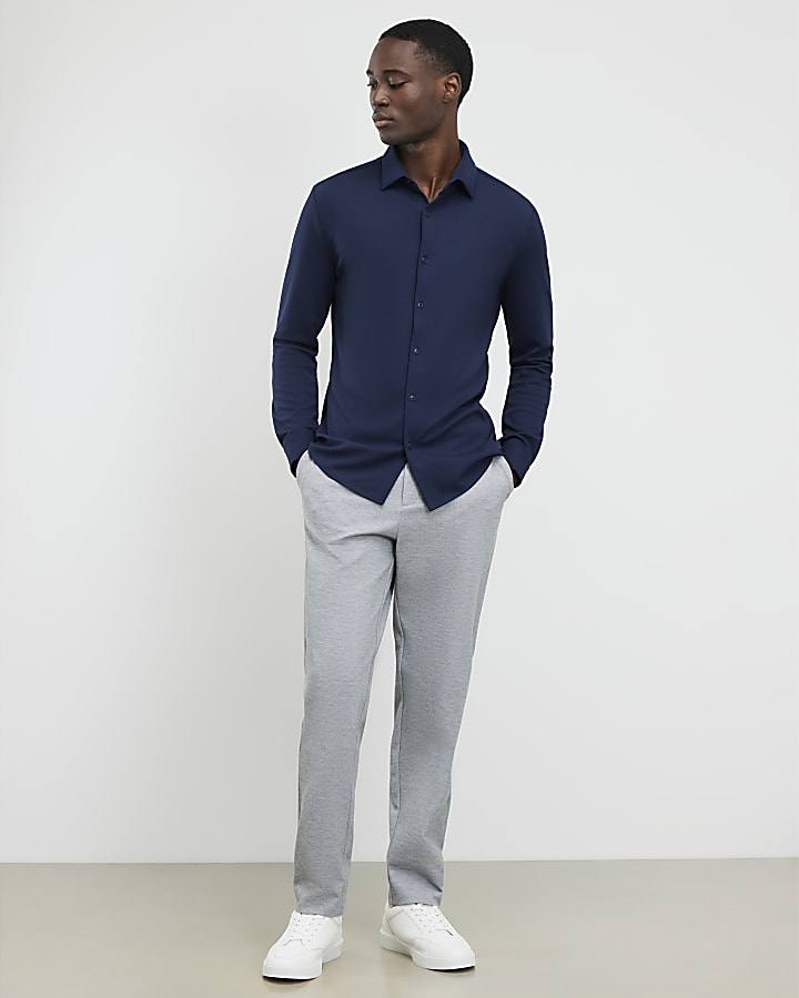 River Island Navy Muscle Fit Pique Shirt