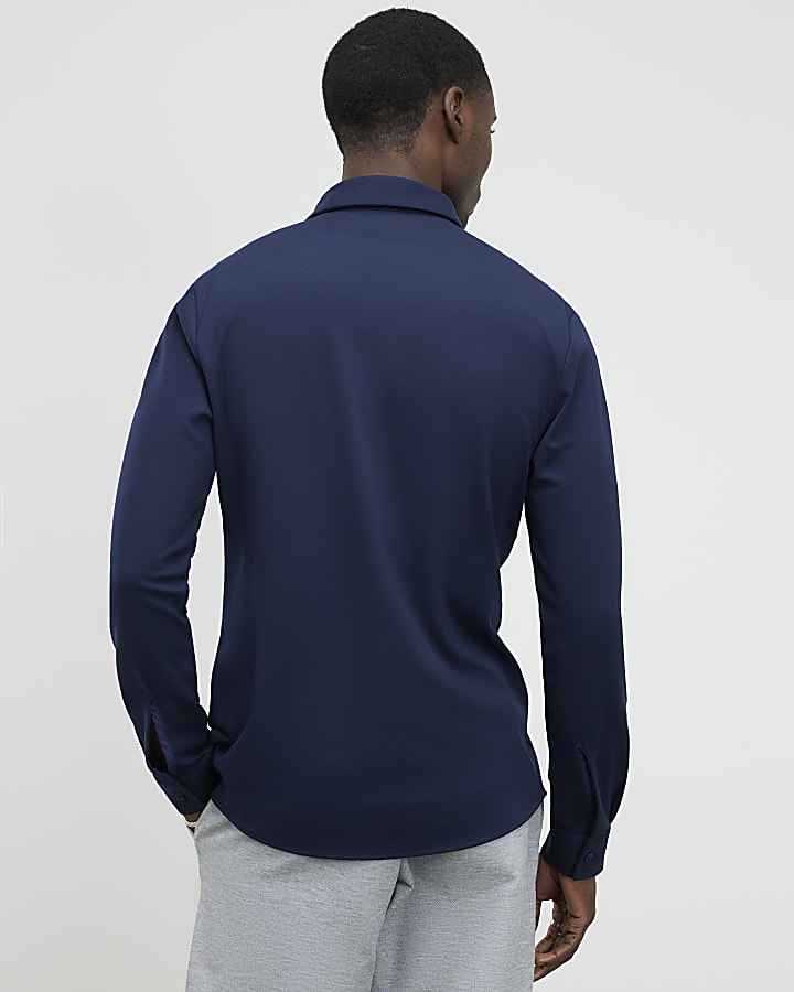 River Island Navy Muscle Fit Pique Shirt