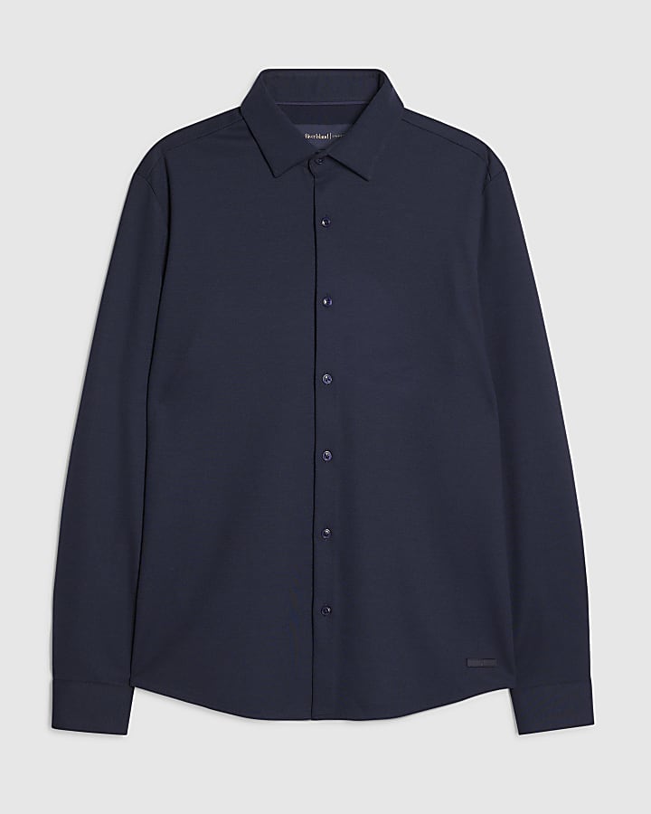 river island Navy Muscle Fit Pique Shirt