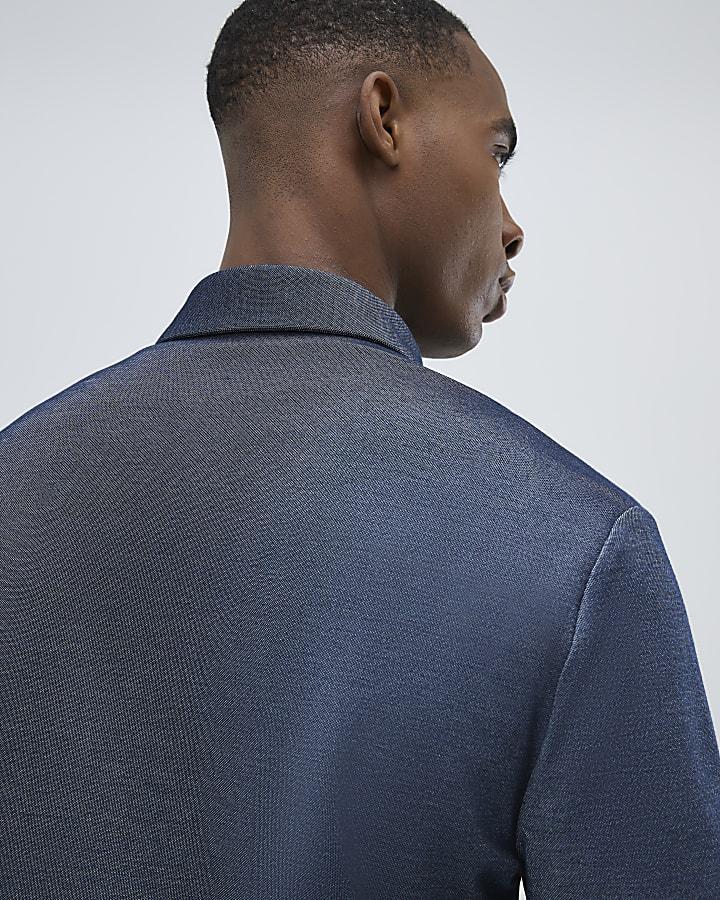 River Island Navy Muscle Fit Pique Textured Shirt