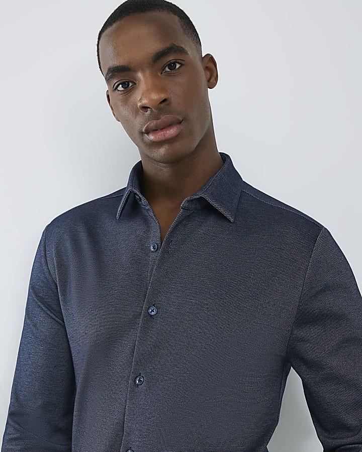 River Island Navy Muscle Fit Pique Textured Shirt