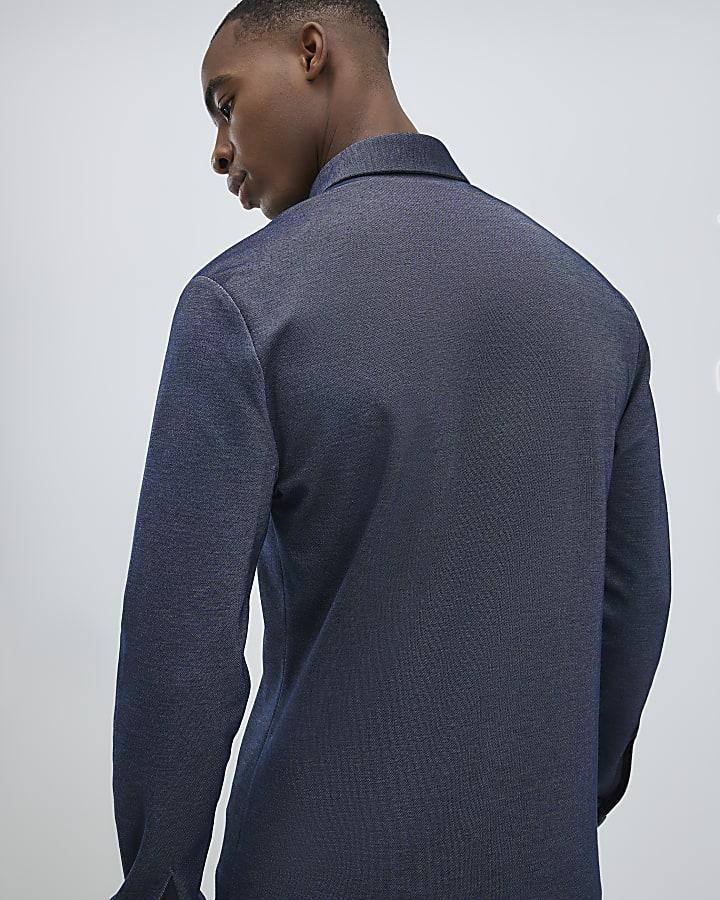 River Island Navy Muscle Fit Pique Textured Shirt