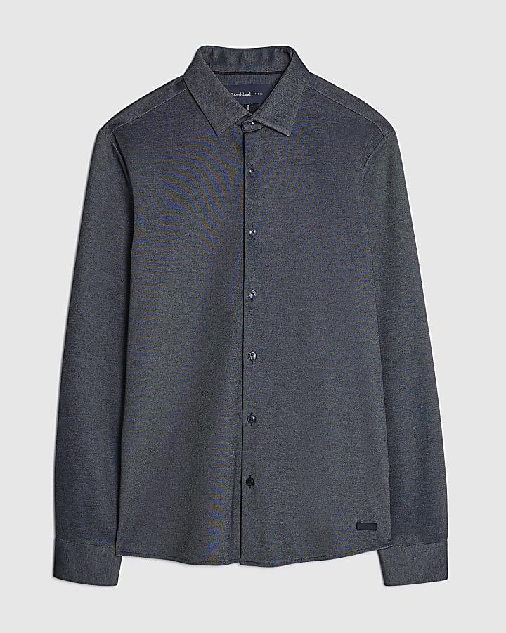 river island Navy Muscle Fit Pique Textured Shirt