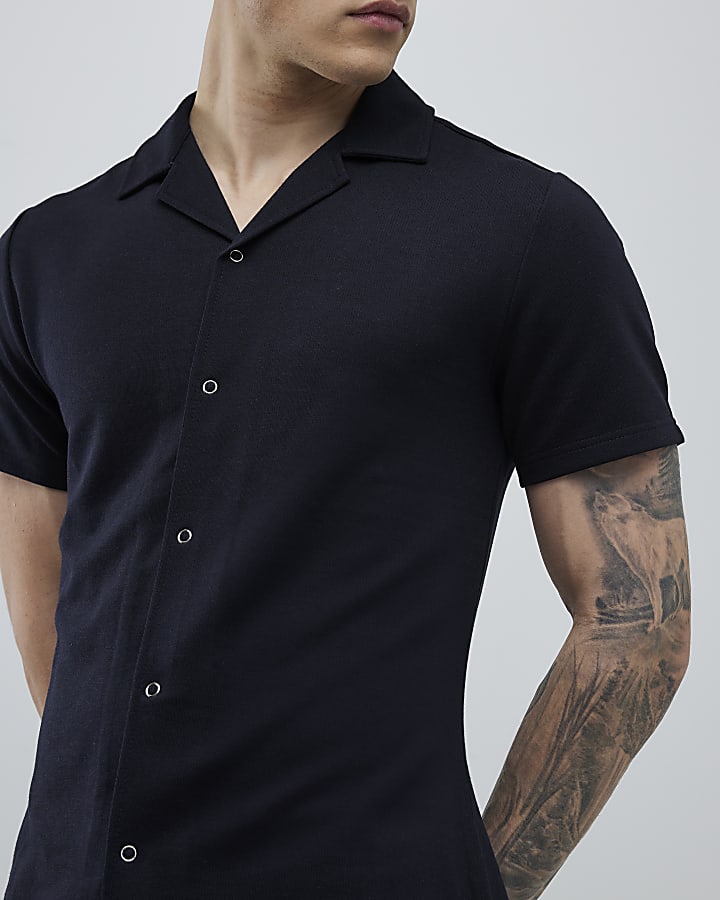 River Island Navy Muscle Fit Shirt