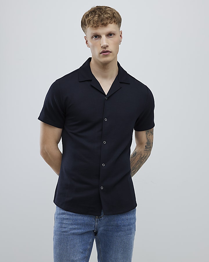 River Island Navy Muscle Fit Shirt