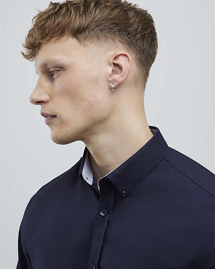 River Island Navy Muscle Fit Textured Shirt