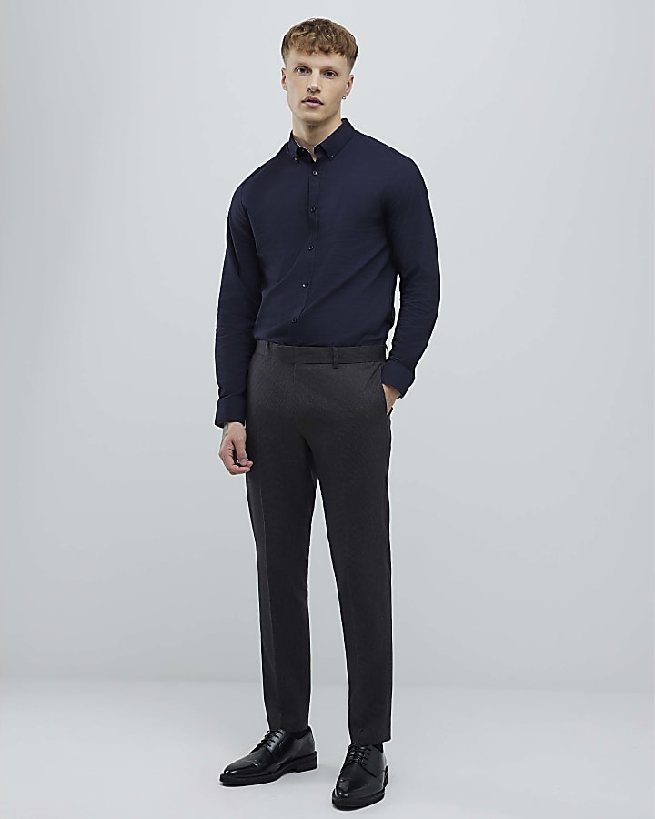 River Island Navy Muscle Fit Textured Shirt