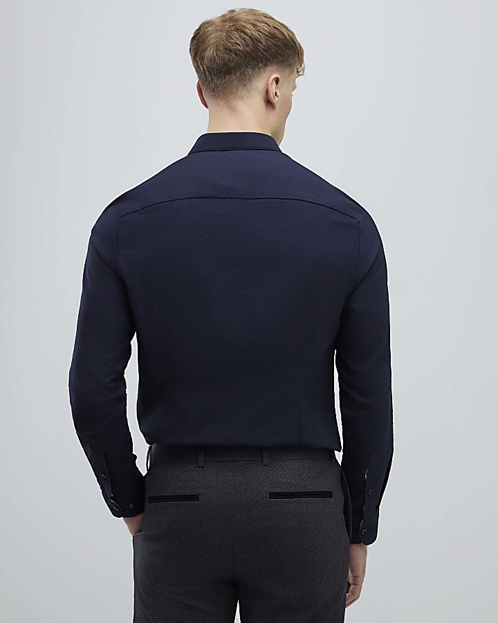 River Island Navy Muscle Fit Textured Shirt