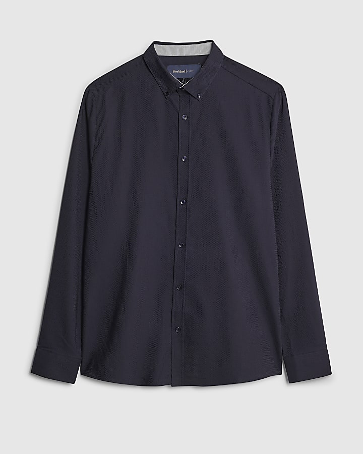 river island Navy Muscle Fit Textured Shirt