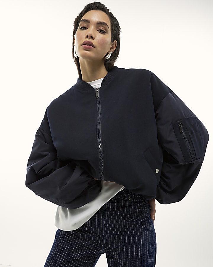 River Island Navy Oversized Hybrid Bomber Jacket