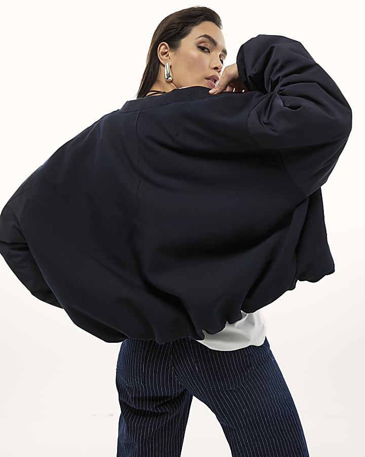 River Island Navy Oversized Hybrid Bomber Jacket