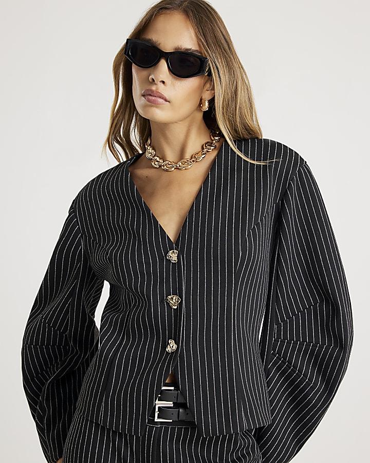 River Island Navy Pinstripe Cocoon Sleeve Jacket