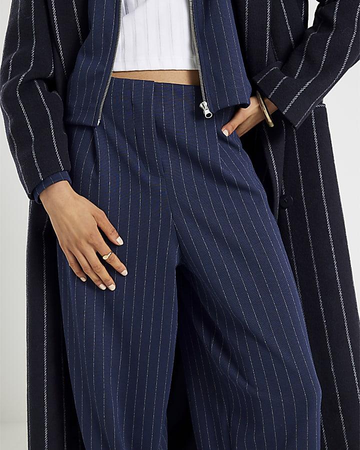 River Island Navy Pinstripe Tapered Trousers