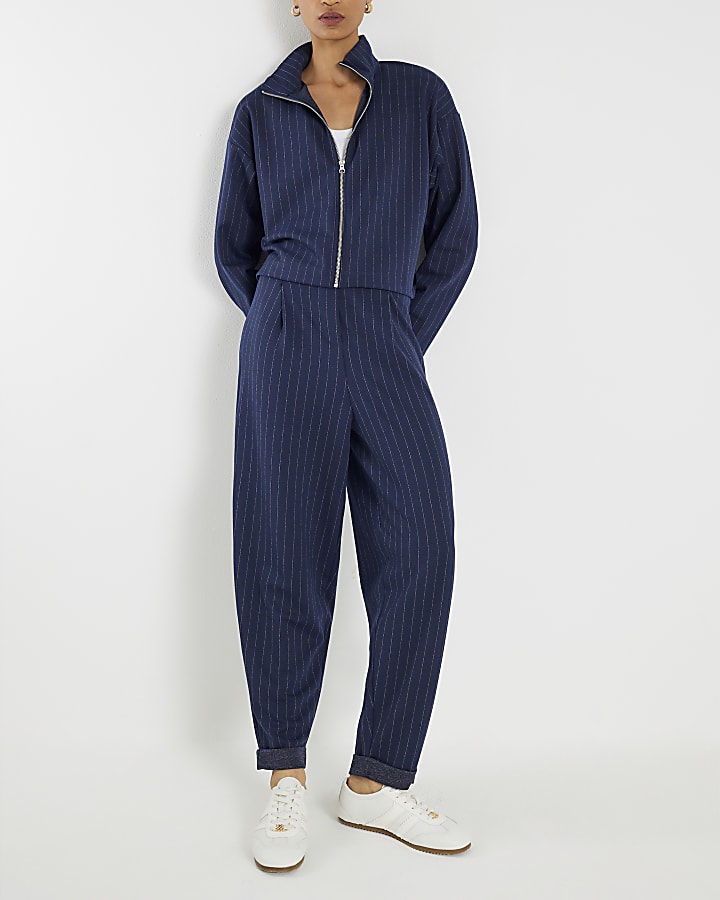 River Island Navy Pinstripe Tapered Trousers