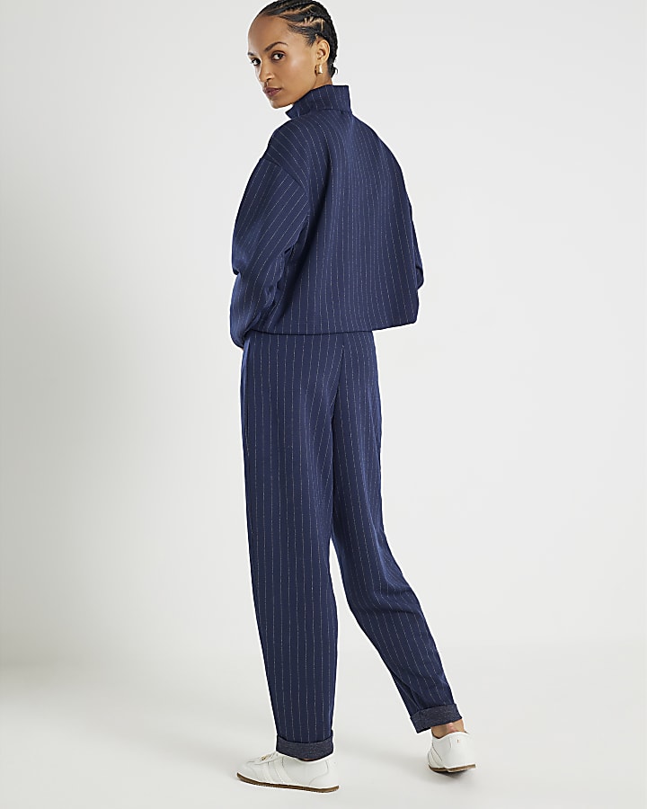 River Island Navy Pinstripe Tapered Trousers