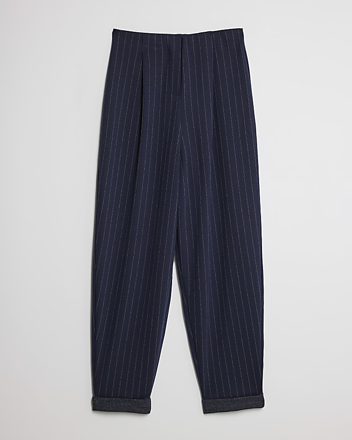 river island Navy Pinstripe Tapered Trousers