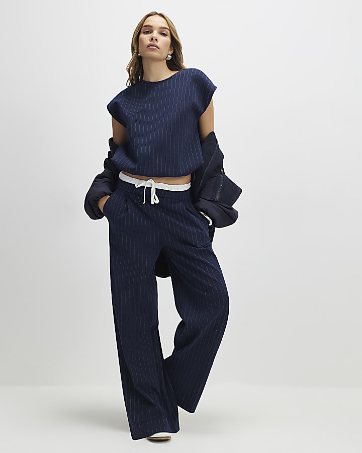River Island Navy Pinstripe Wide Leg Trousers