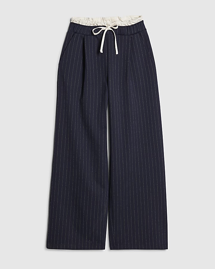 river island Navy Pinstripe Wide Leg Trousers