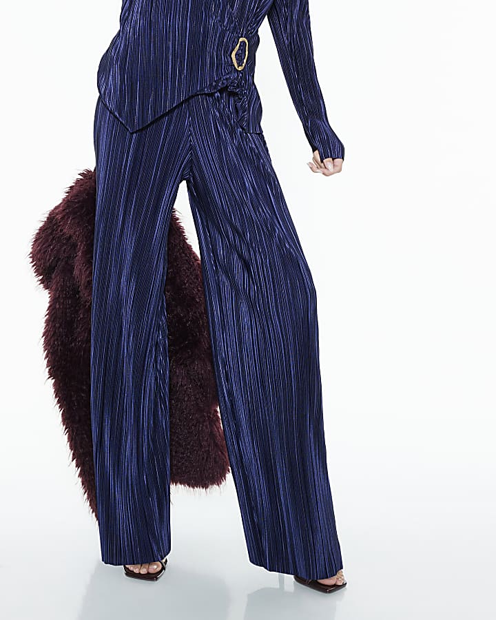 River Island Navy Plisse Wide Leg Trousers