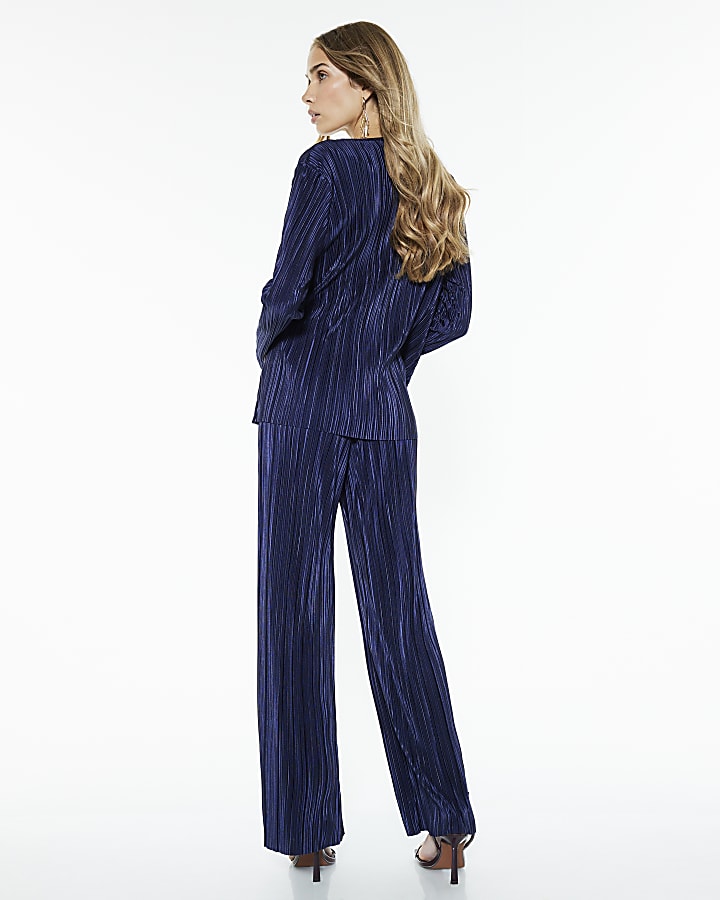 River Island Navy Plisse Wide Leg Trousers