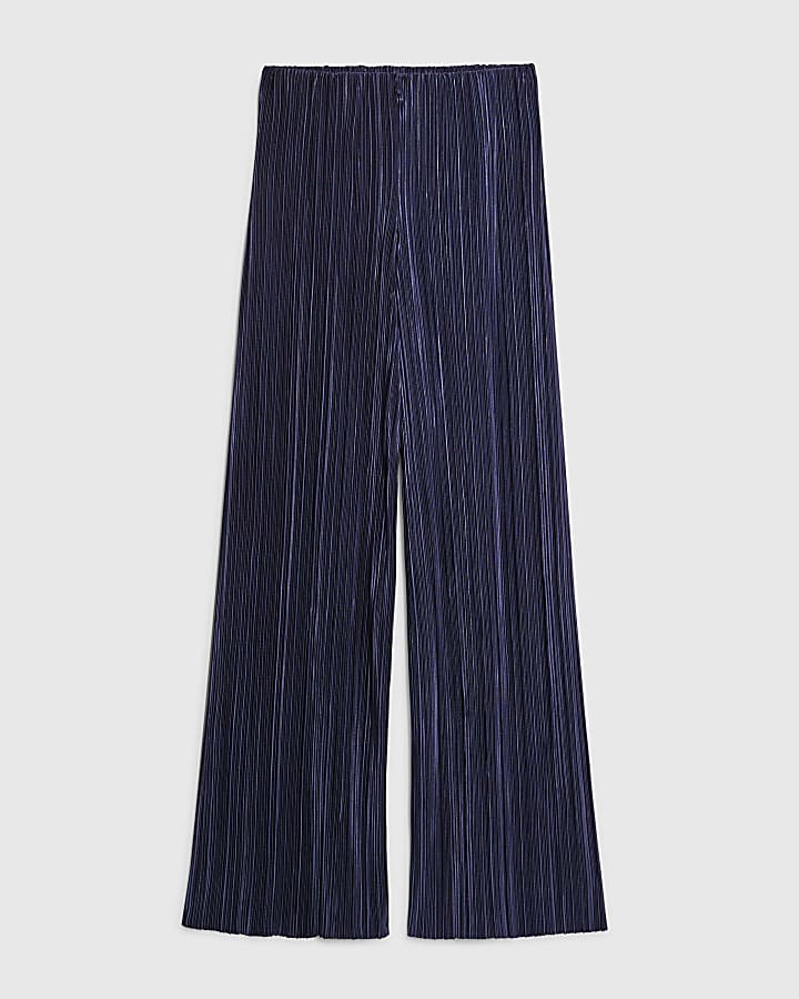 river island Navy Plisse Wide Leg Trousers