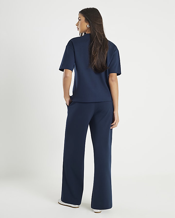 River Island Navy Premium Wide Leg Joggers