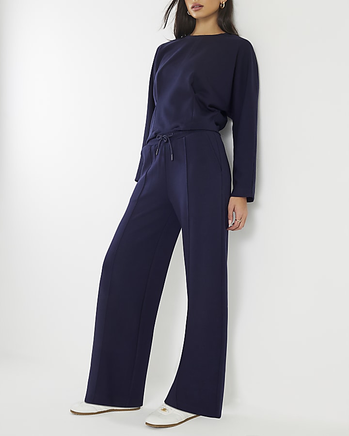 River Island Navy Premium Wide Leg Pintuck Joggers