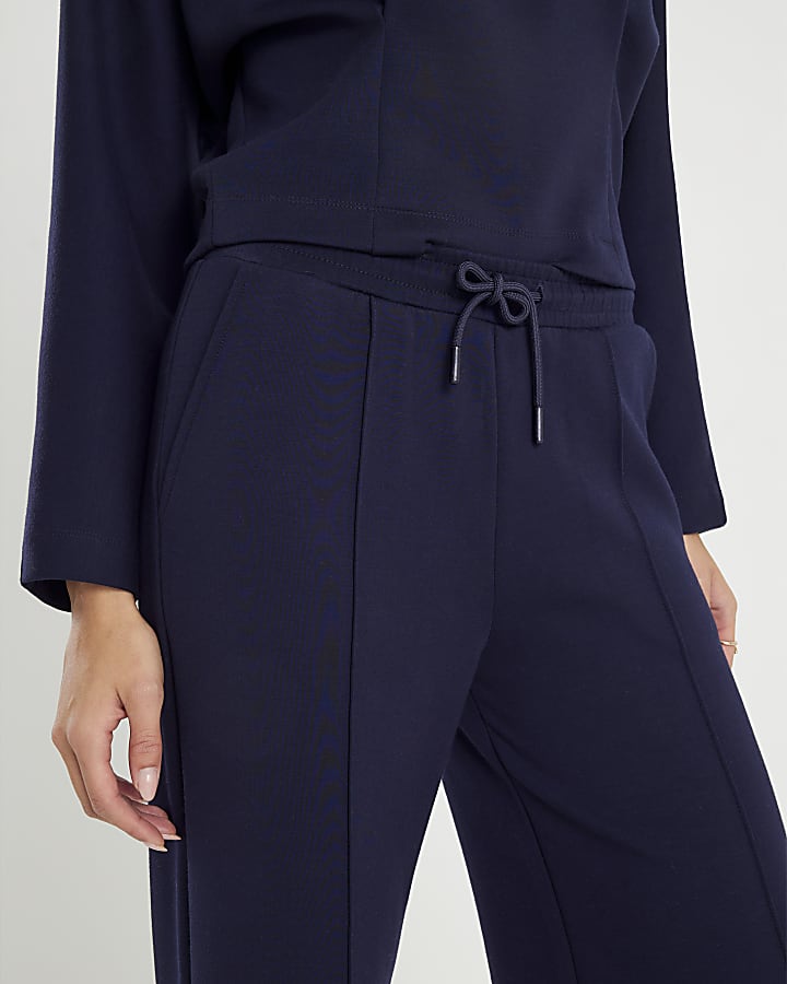 River Island Navy Premium Wide Leg Pintuck Joggers