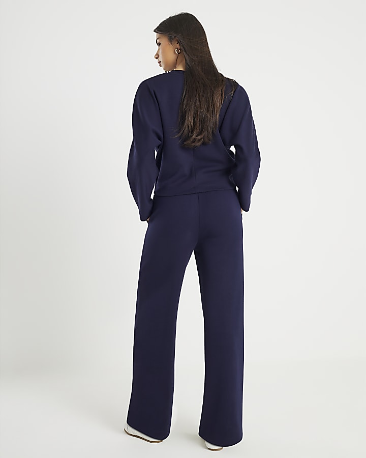 River Island Navy Premium Wide Leg Pintuck Joggers