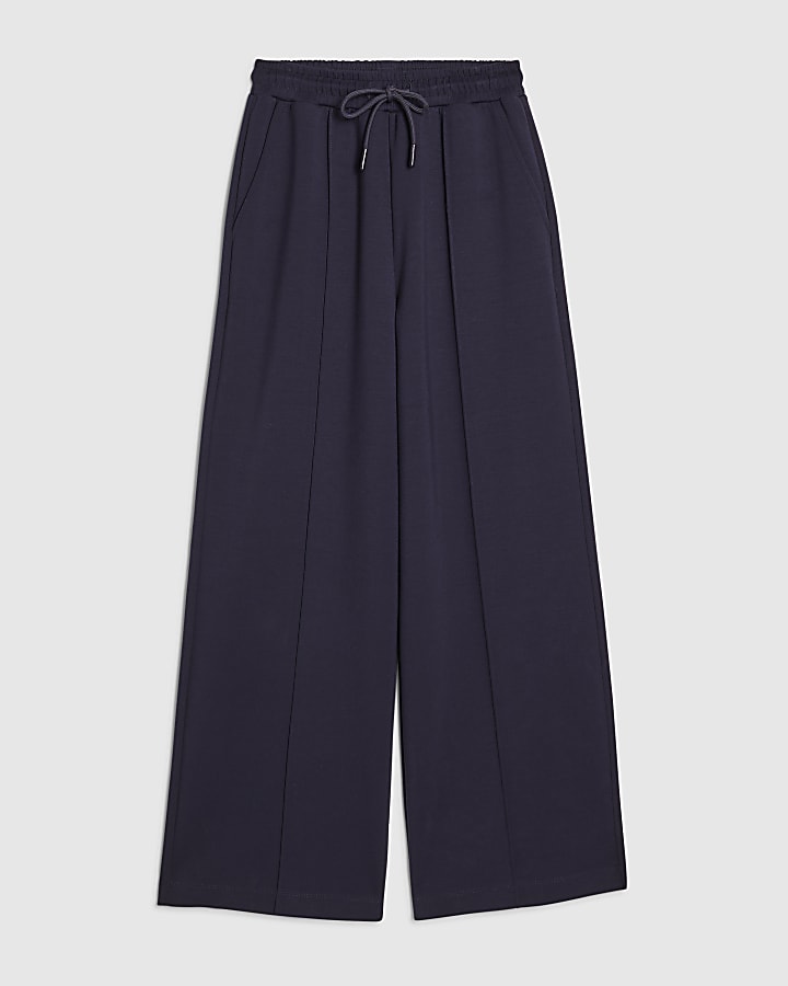 river island Navy Premium Wide Leg Pintuck Joggers