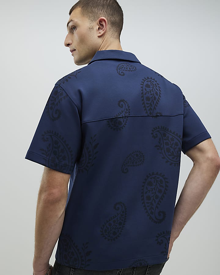 River Island Navy Regular Fit Paisley Party Shirt