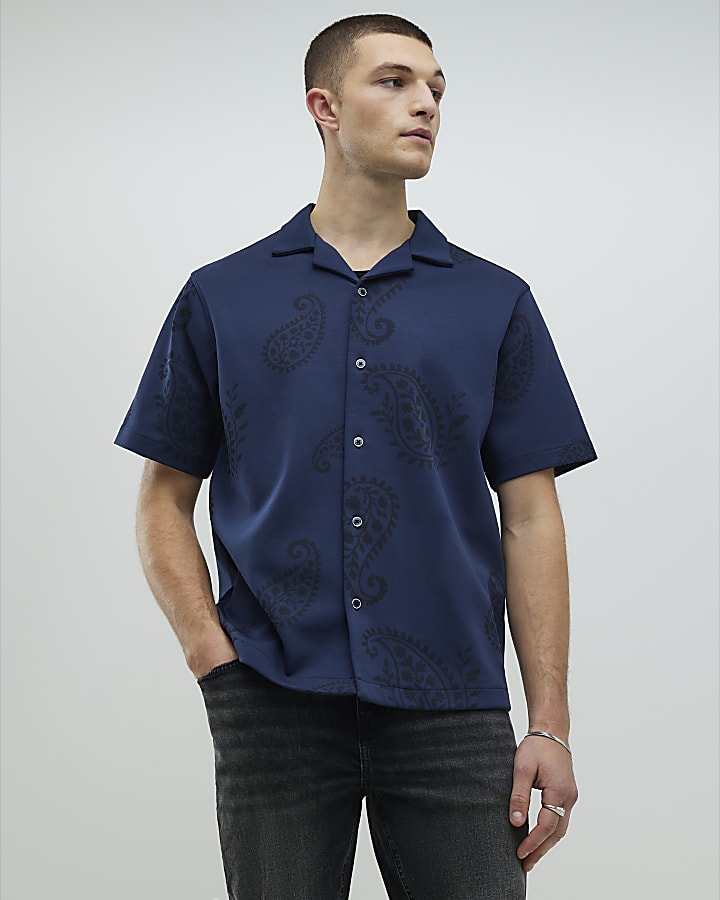 River Island Navy Regular Fit Paisley Party Shirt