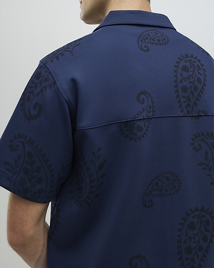 River Island Navy Regular Fit Paisley Party Shirt