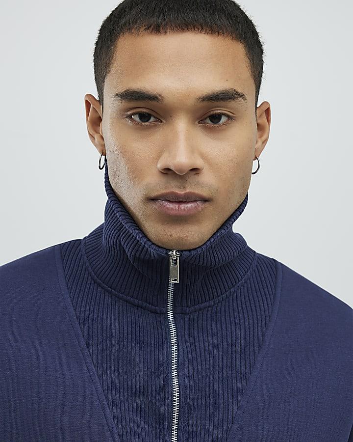 River Island Navy Regular Fit Ribbed Sweatshirt