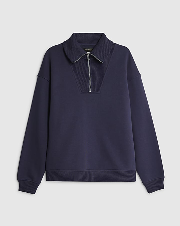river island Navy Regular Fit Ribbed Sweatshirt