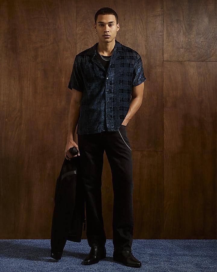 River Island Navy Regular Fit Velour Check Shirt