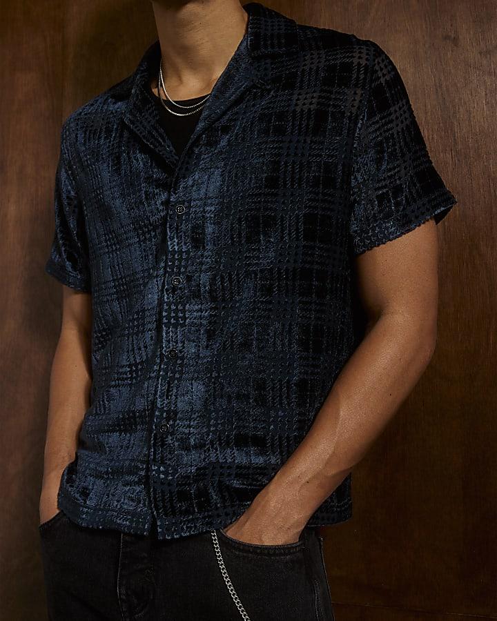 River Island Navy Regular Fit Velour Check Shirt