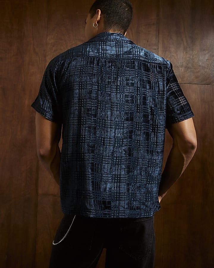 River Island Navy Regular Fit Velour Check Shirt