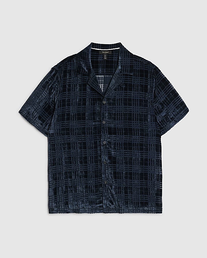 river island Navy Regular Fit Velour Check Shirt