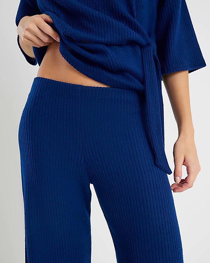 River Island Navy Ribbed Wide Leg Trousers