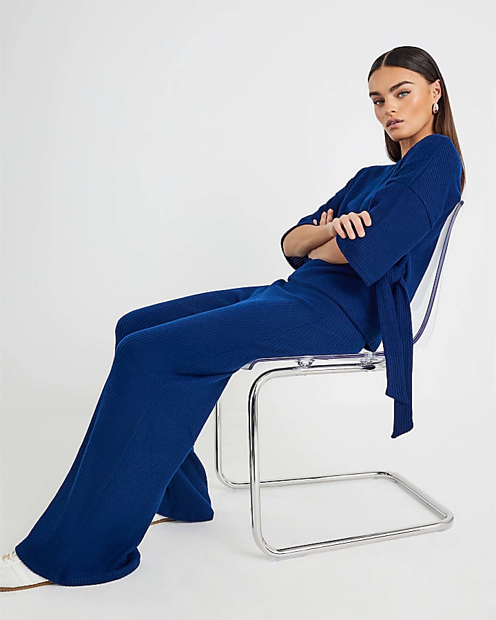 River Island Navy Ribbed Wide Leg Trousers