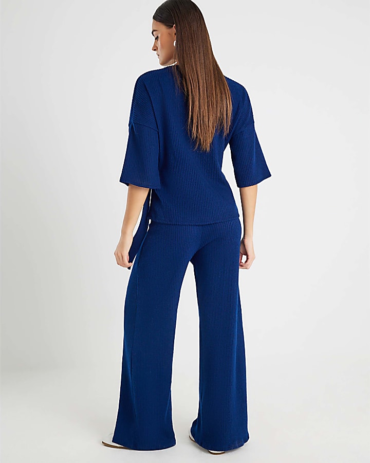 River Island Navy Ribbed Wide Leg Trousers