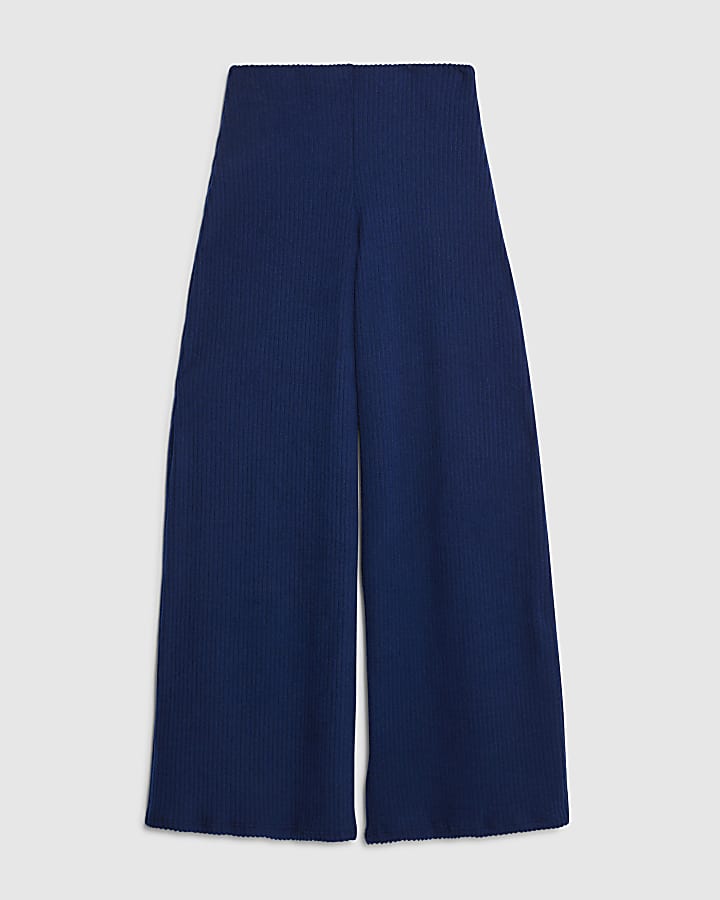 river island Navy Ribbed Wide Leg Trousers