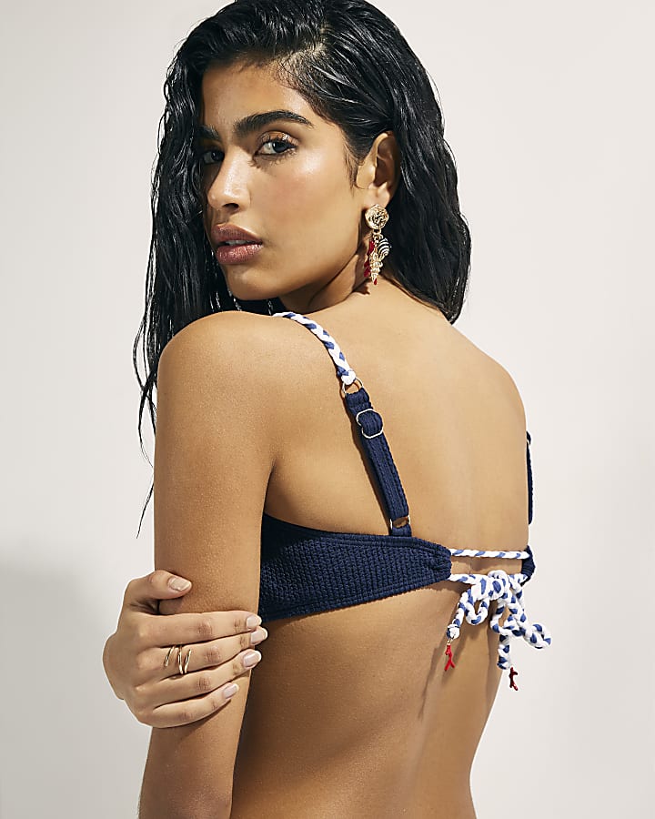 River Island Navy Rope Trim Bikini Top