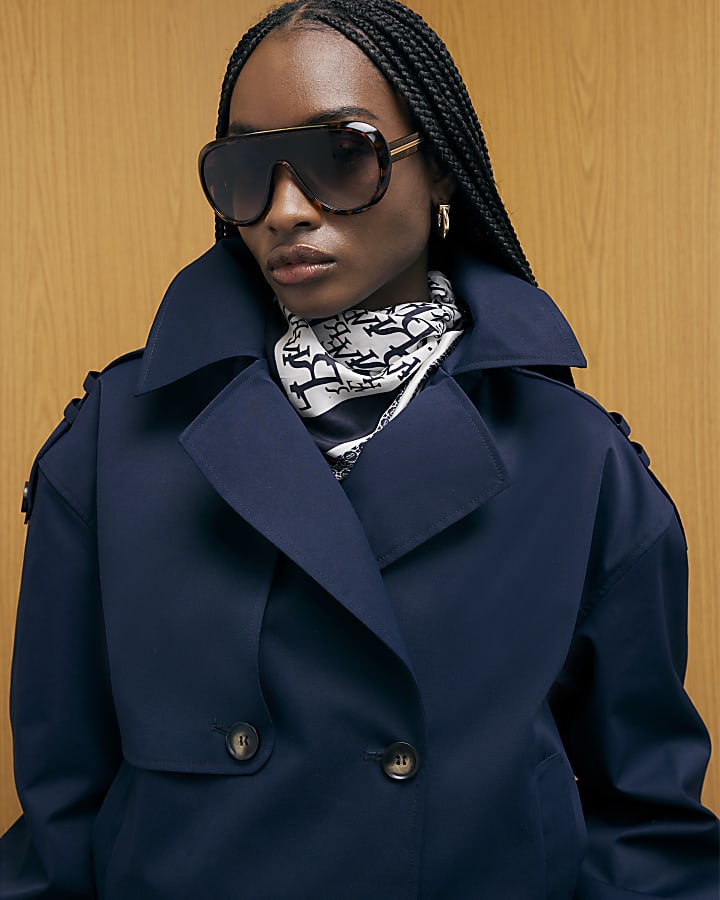 River Island Navy Short Bubble Hem Trench Jacket