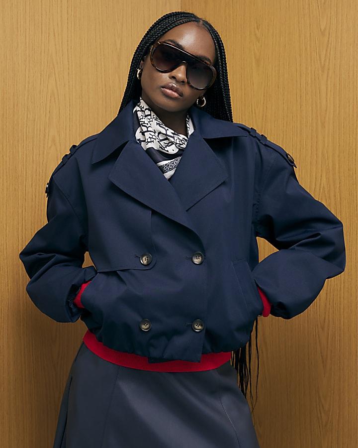 River Island Navy Short Bubble Hem Trench Jacket