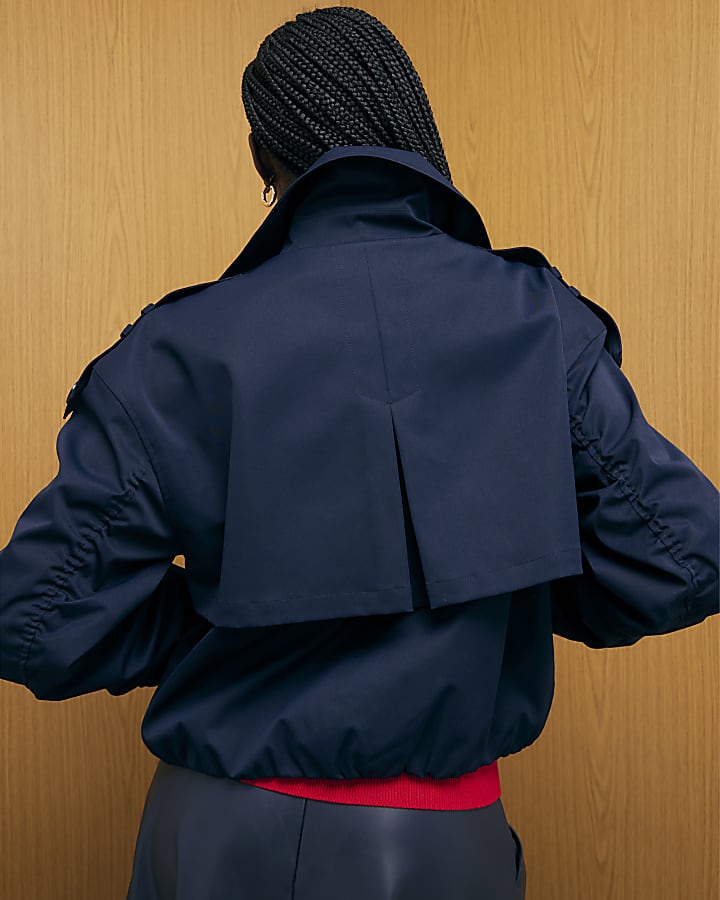 river island Navy Short Bubble Hem Trench Jacket