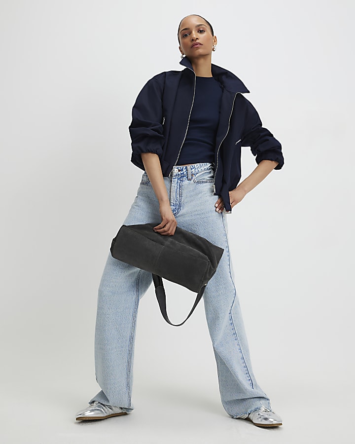 River Island Navy Short Sleeve Fitted Ribbed Top